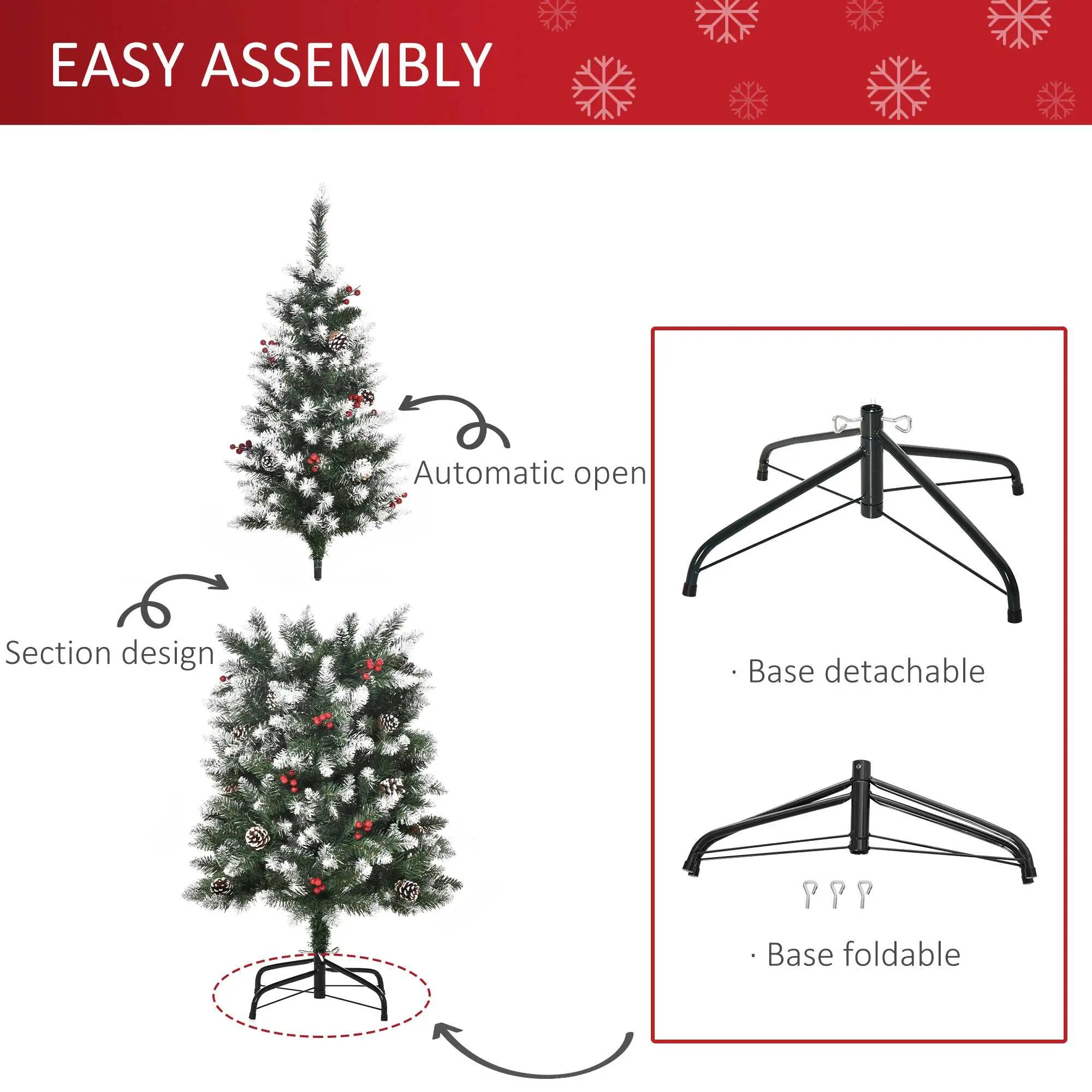 5ft Flocked Christmas Tree, Red Berries Pine Cones, Pencil Shape, Green Pencil Christmas Trees at Gallery Canada