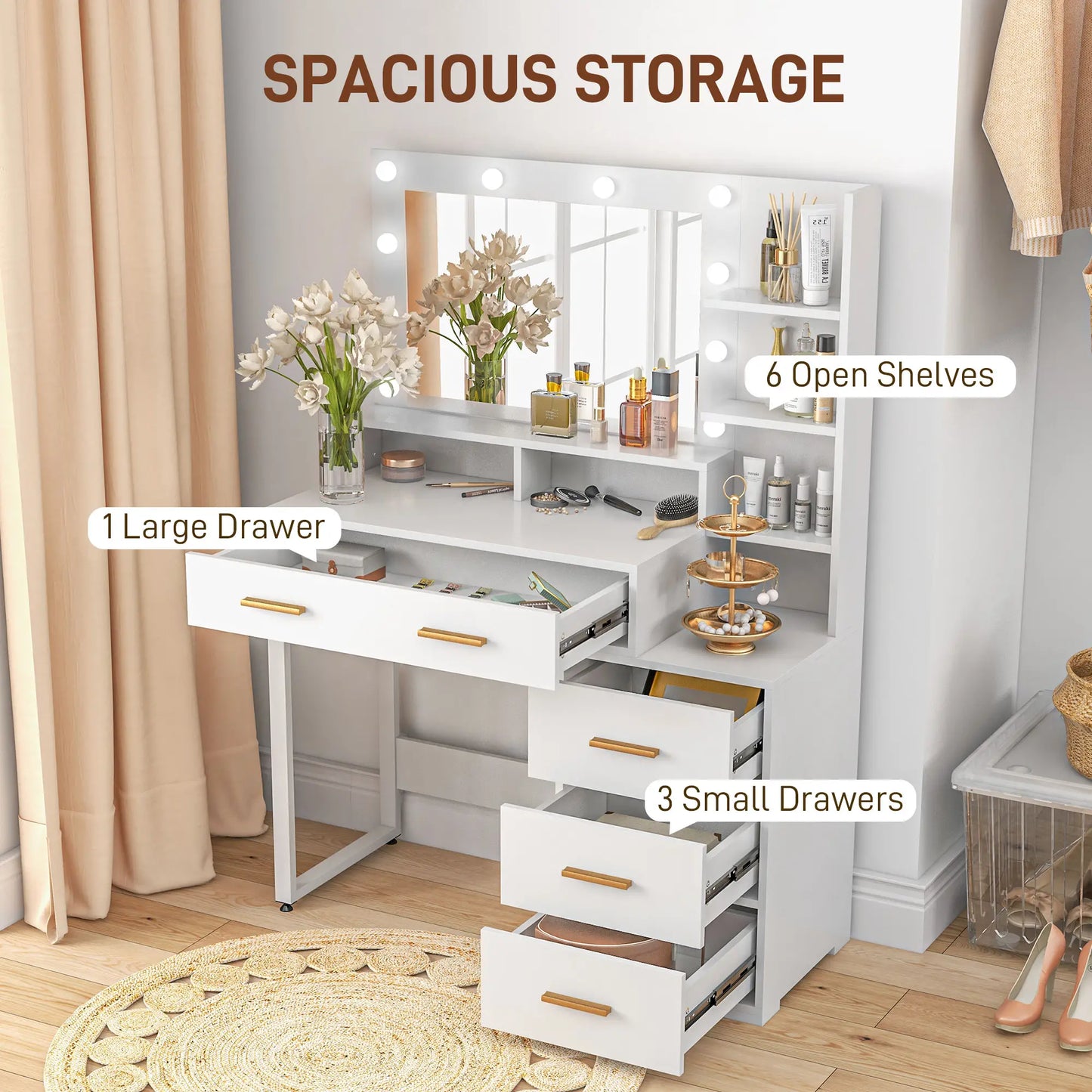 LED Vanity Table with Mirror, Drawer, Storage Shelves, White Dressing & Vanity Tables at Gallery Canada