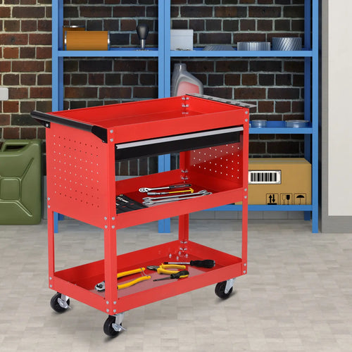 Tool Cart on Wheels, Ball Bearing Drawer, Storage Trays, Red