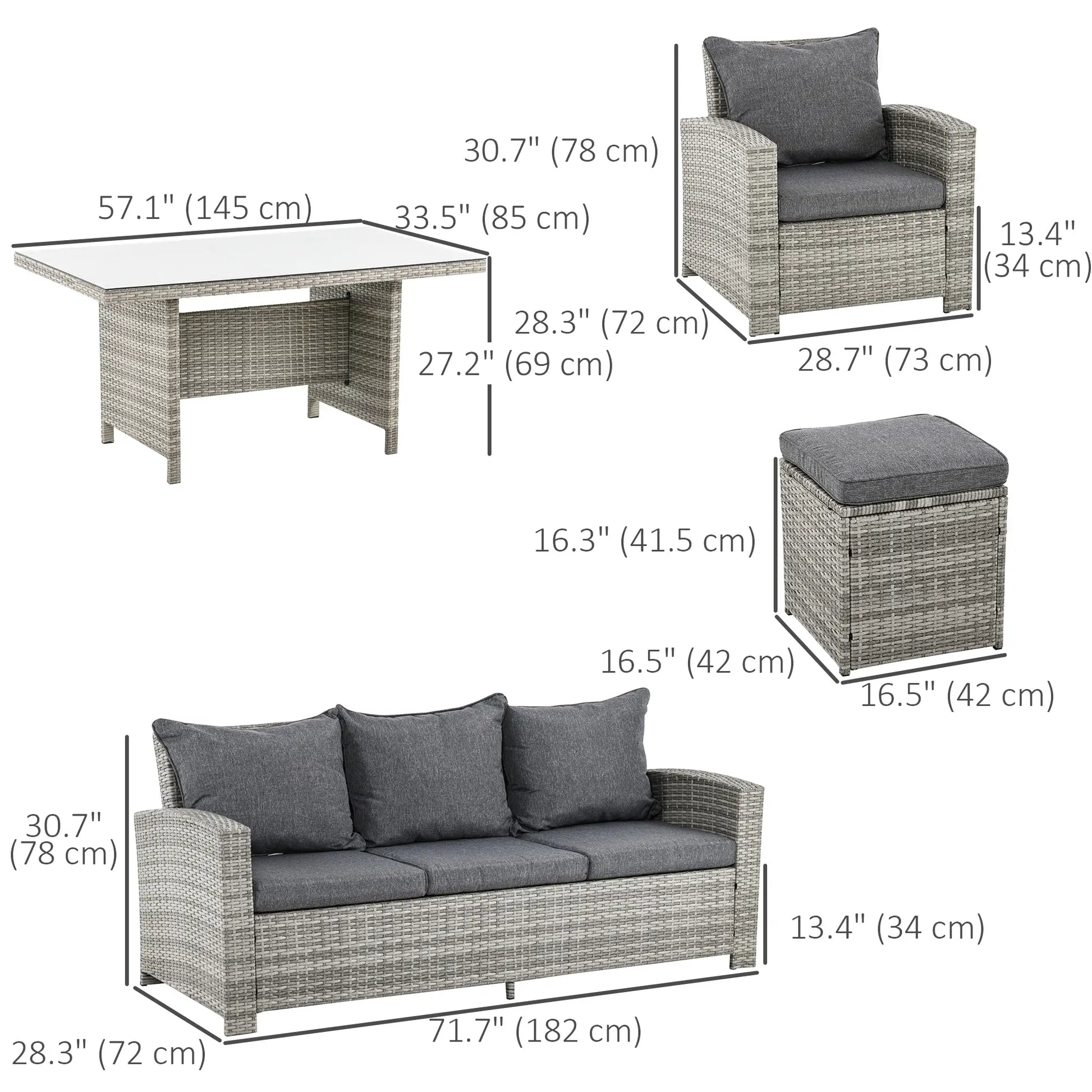 6 Pcs Patio Furniture Set, Rattan Outdoor, 3 Seater Sofa, Armchairs, Footstools, Table, Dark Grey Patio Furniture Sets at Gallery Canada