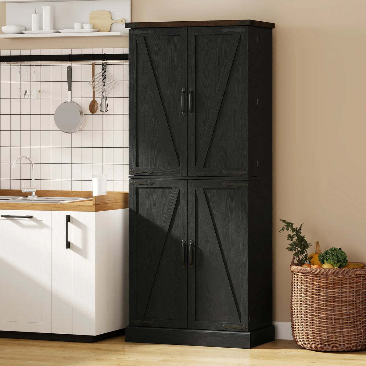 72" Tall Kitchen Pantry Cabinet, Farmhouse Storage Cabinet with 8 Door Racks and Adjustable Shelves, Black Kitchen Pantry Cabinets at Gallery Canada