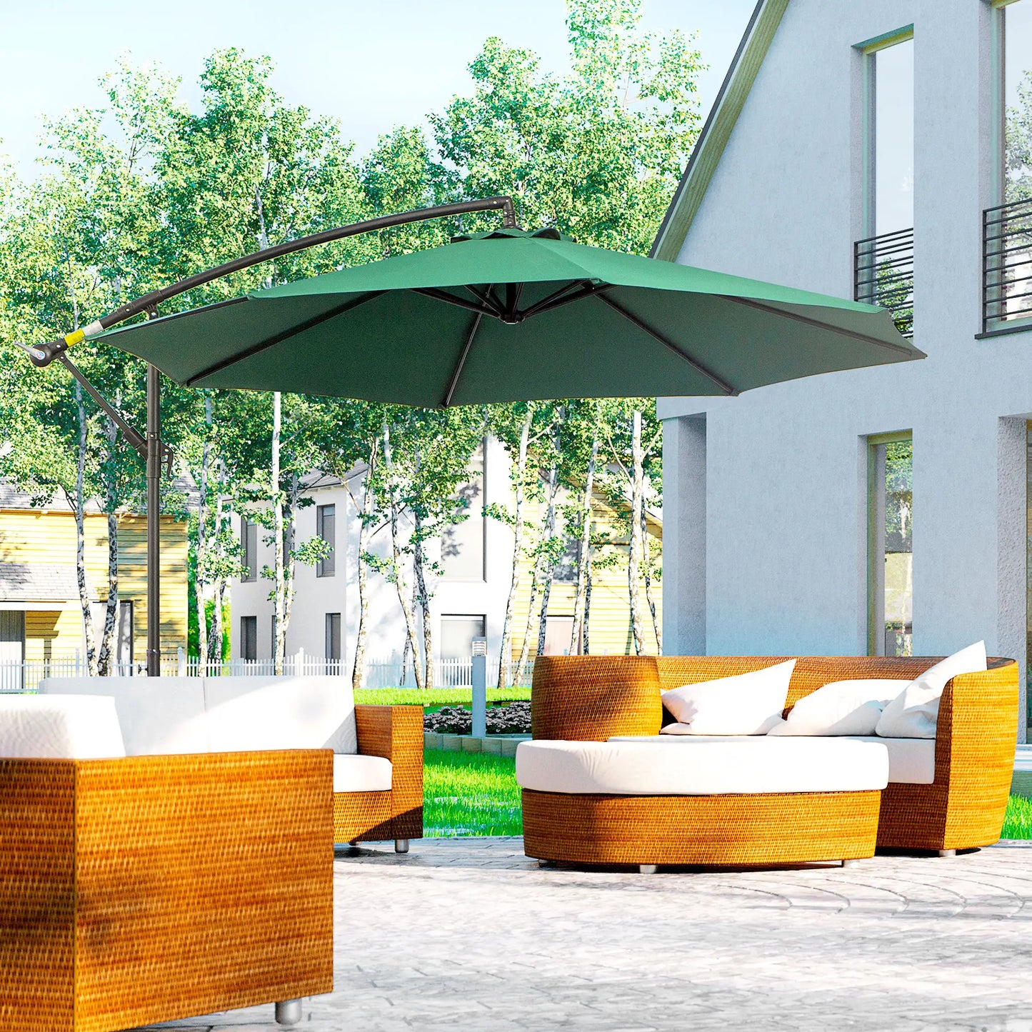 9.7ft Offset Patio Umbrella, 8 Ribs, Crank Handle, Cross Base, Green Offset Cantilever Umbrellas at Gallery Canada