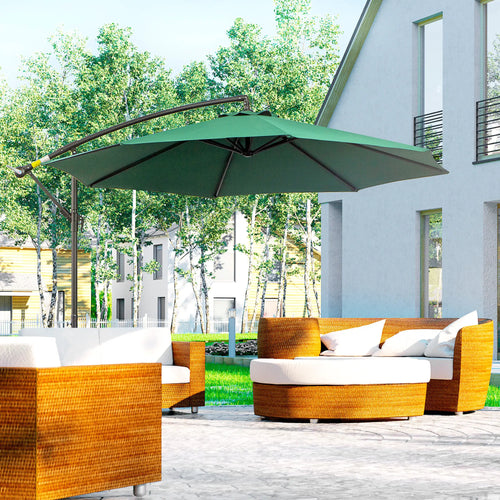 9.7ft Offset Patio Umbrella, 8 Ribs, Crank Handle, Cross Base, Green