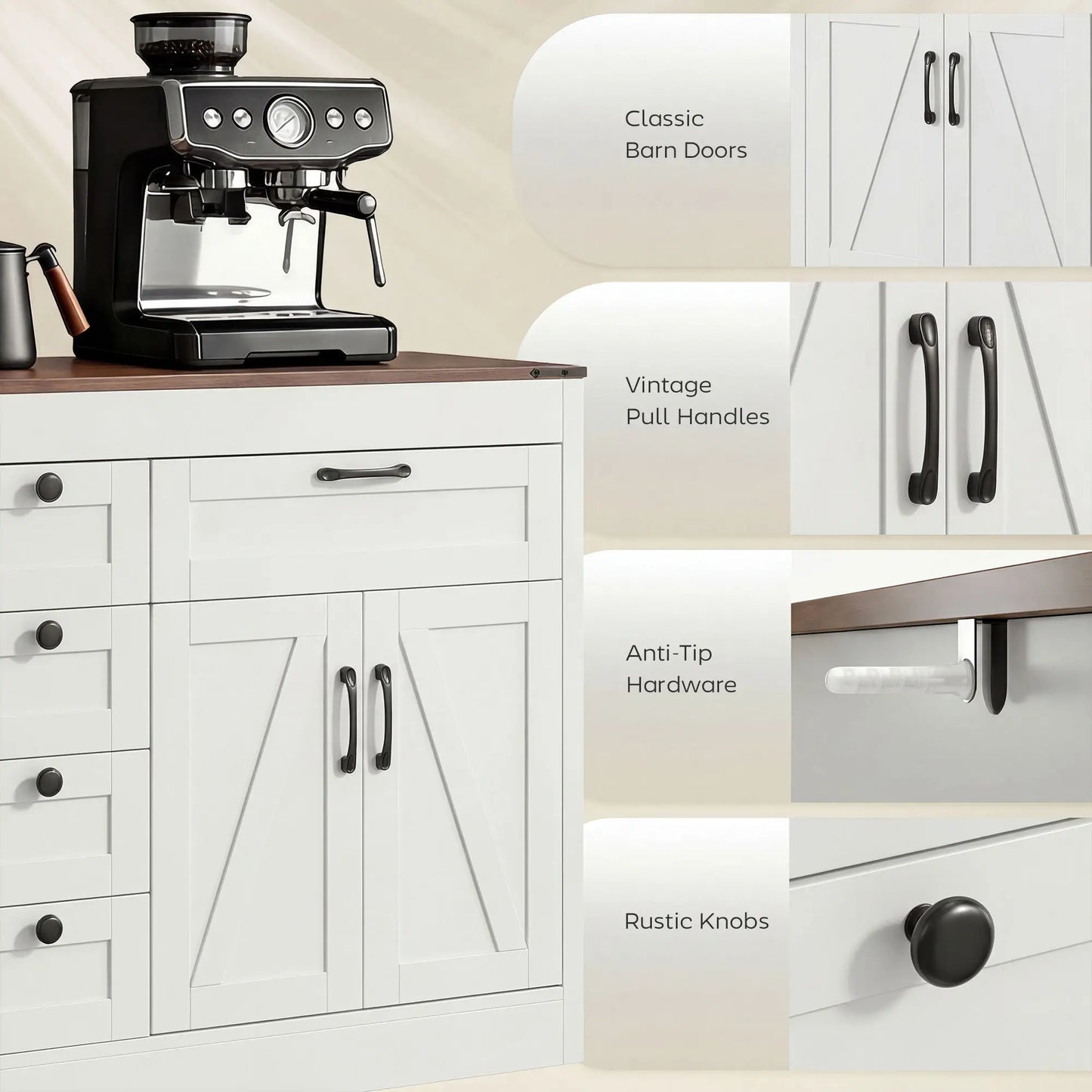 55" Sideboard Buffet Cabinet, Farmhouse Kitchen With Barn Doors, White Bar Cabinets at Gallery Canada
