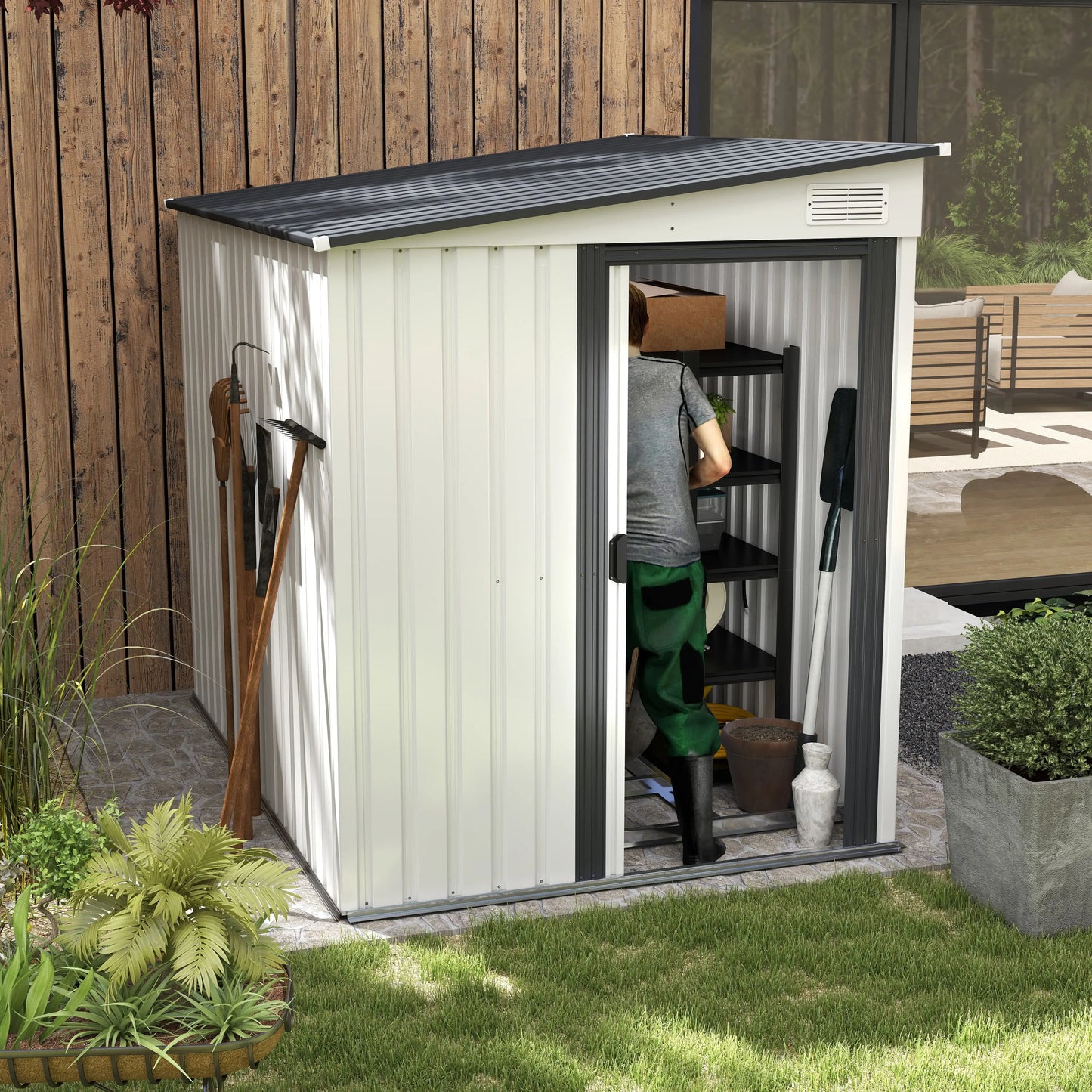 5'x7' Lean to Metal Shed, Sliding Door, 2 Vents, White Sheds at Gallery Canada