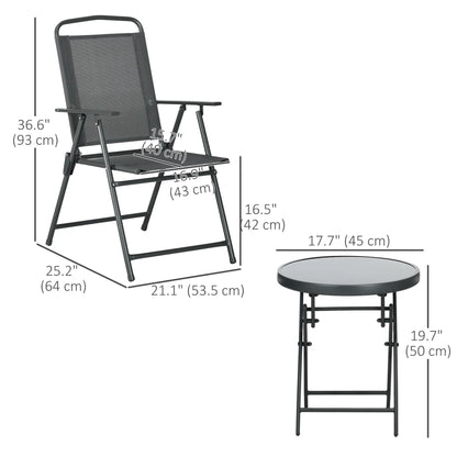 3 Piece Bistro Set, Foldable Mesh Chairs, Glass Table, Charcoal Grey Bistro Sets at Gallery Canada