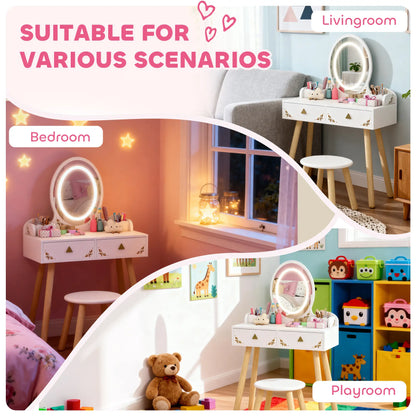 Kids Vanity Set with Mirror, Stool, 3-Color LED Lights, Pink Toy Vanity at Gallery Canada