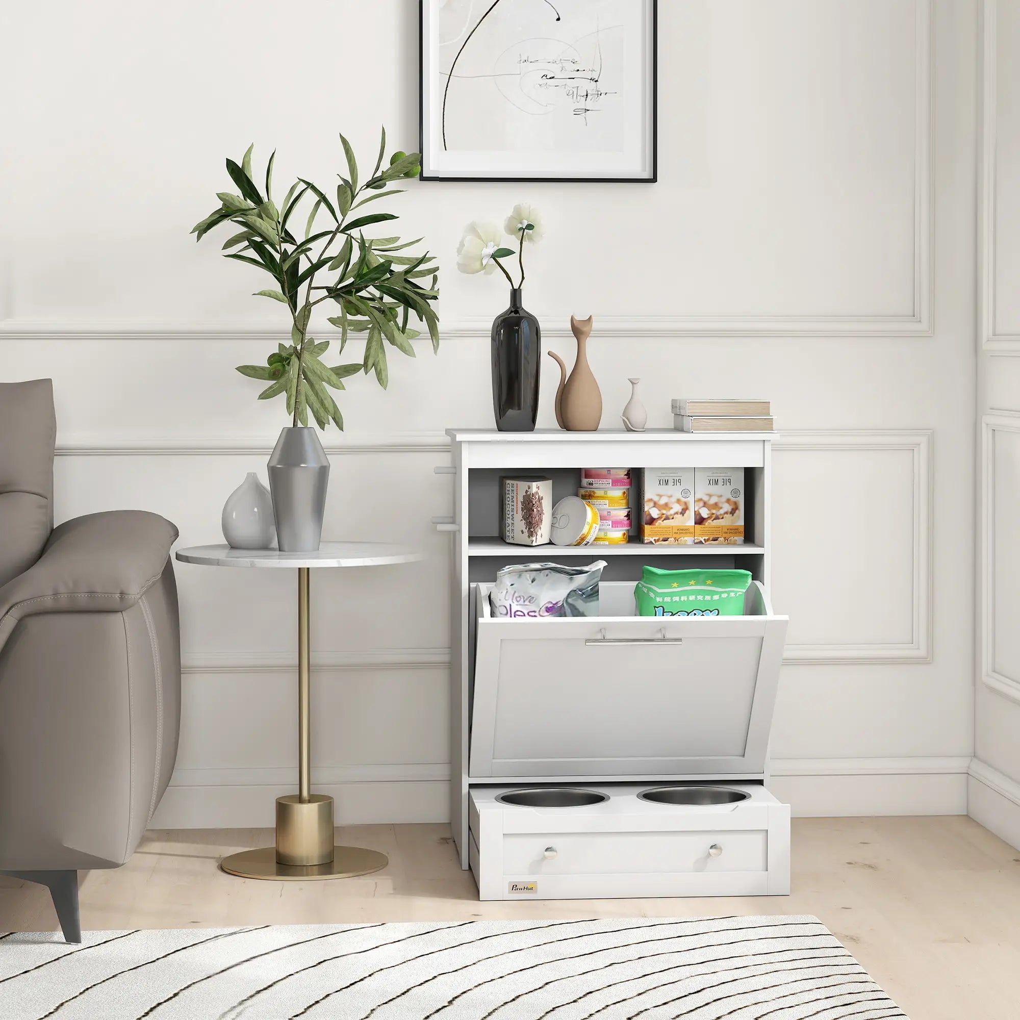 Pet Feeder Station, Dog Food Storage Cabinet with Bowls, Gray Dog Bowls at Gallery Canada