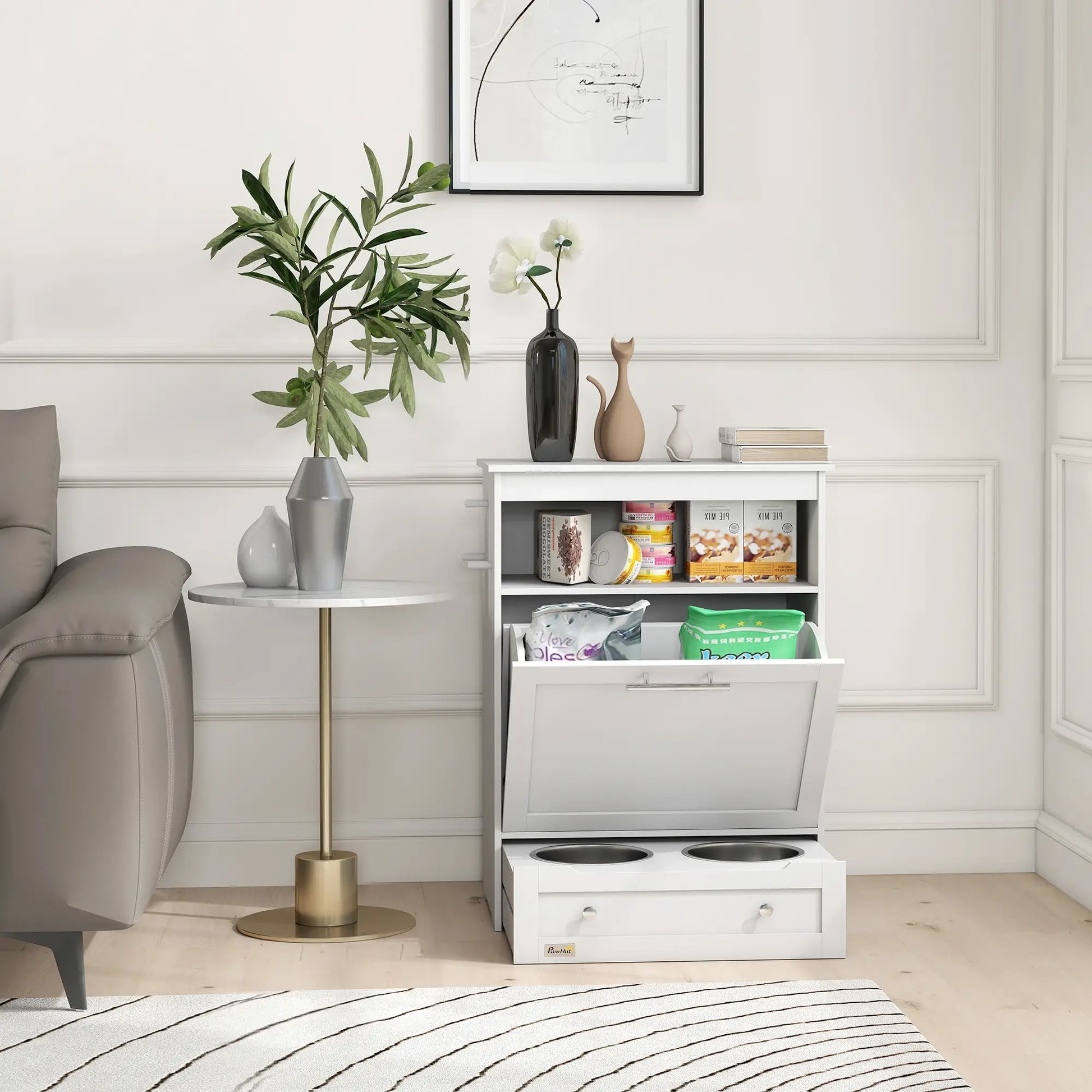 Pet Feeder Station, Dog Food Storage Cabinet with Bowls, Gray Dog Bowls at Gallery Canada