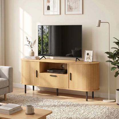 TV Stand for TVs up to 60", Modern Entertainment Center with Curved Sliding Doors and Storage, Natural Wood