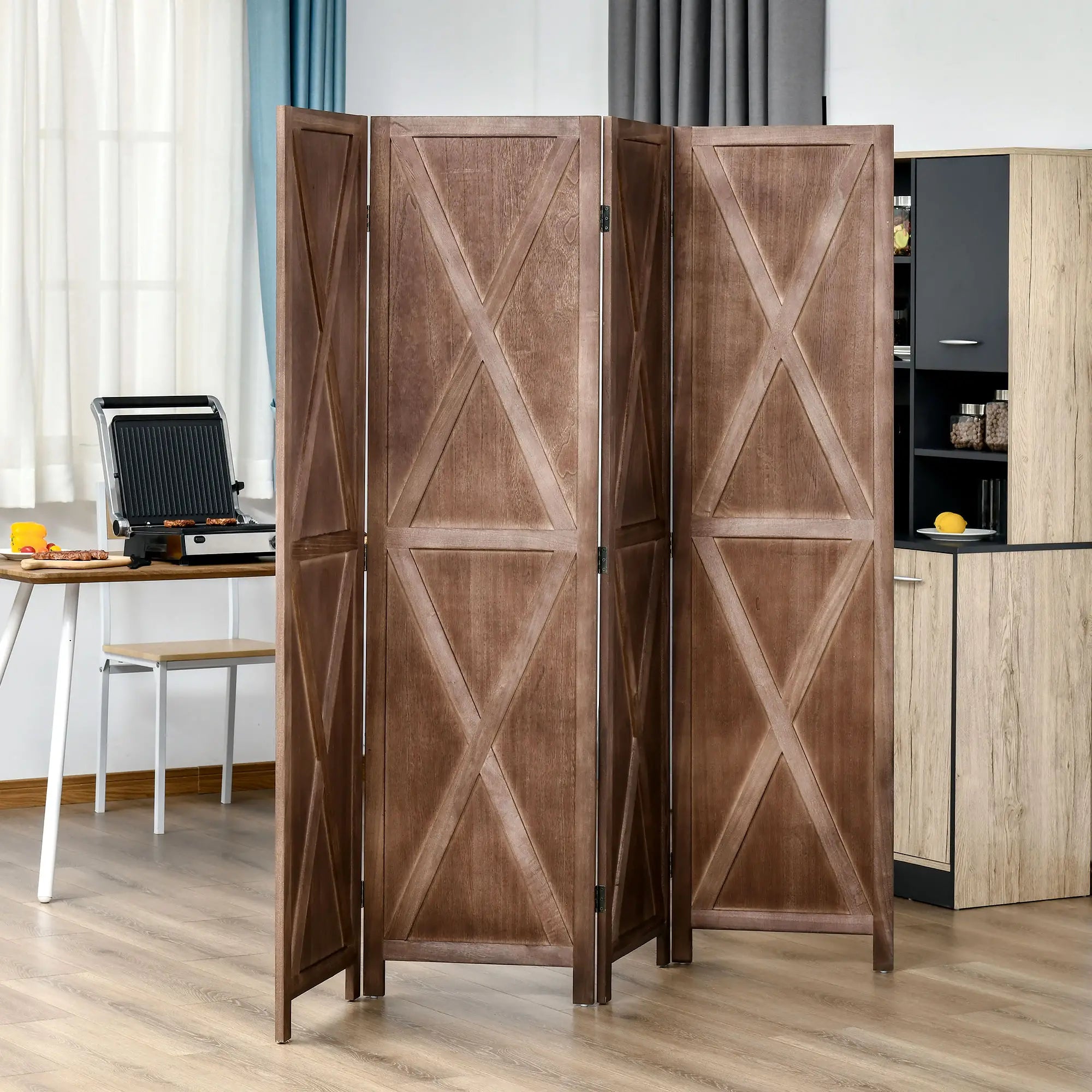 4-Panel Farmhouse Room Divider, Foldable Wooden Frame 5.6FT, Walnut Room Dividers at Gallery Canada