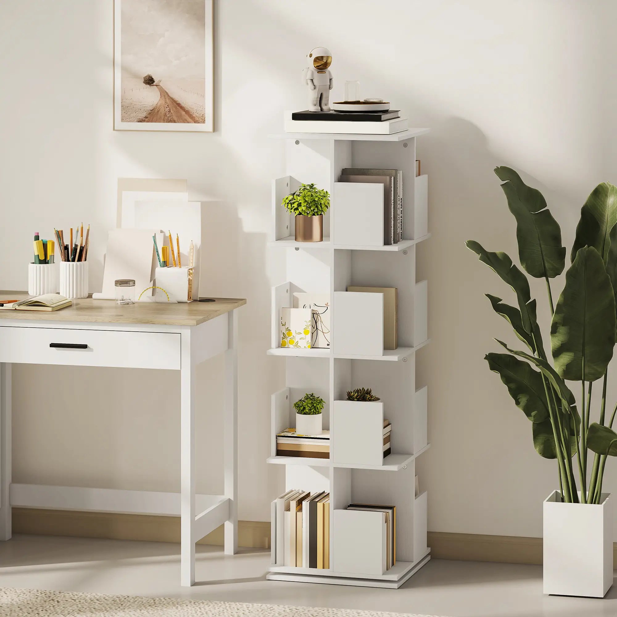 360° Rotating Bookcase, 4 Tier Bookshelf with 16 Cubbies, White Wood Grain, White Display Bookshelves at Gallery Canada