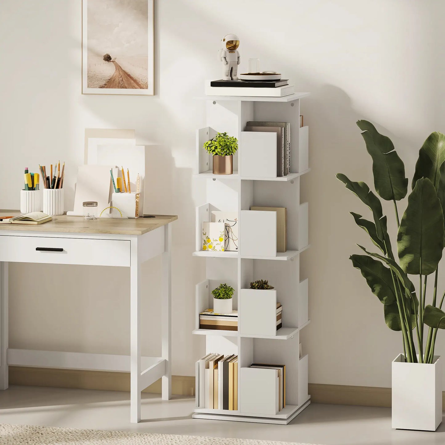360° Rotating Bookcase, 4 Tier Bookshelf with 16 Cubbies, White Wood Grain, White Display Bookshelves at Gallery Canada
