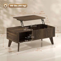 Table basse à ouverture relevable cannelée de 40", table de rangement en noyer