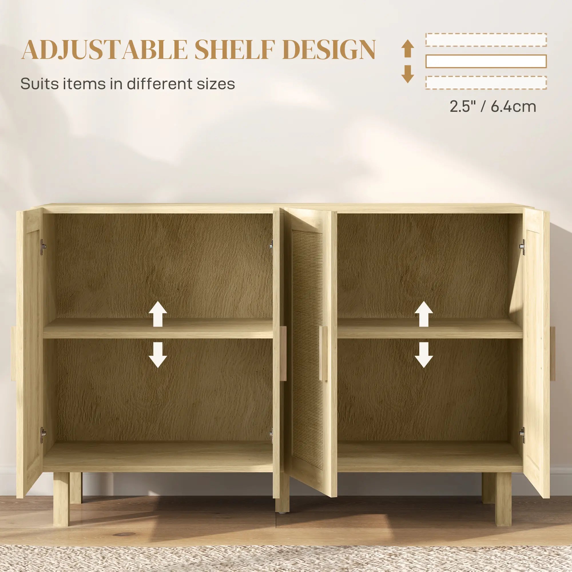 Boho Sideboard Cabinet, 4 Rattan Doors, Adjustable Shelves, Natural Storage Cabinets at Gallery Canada