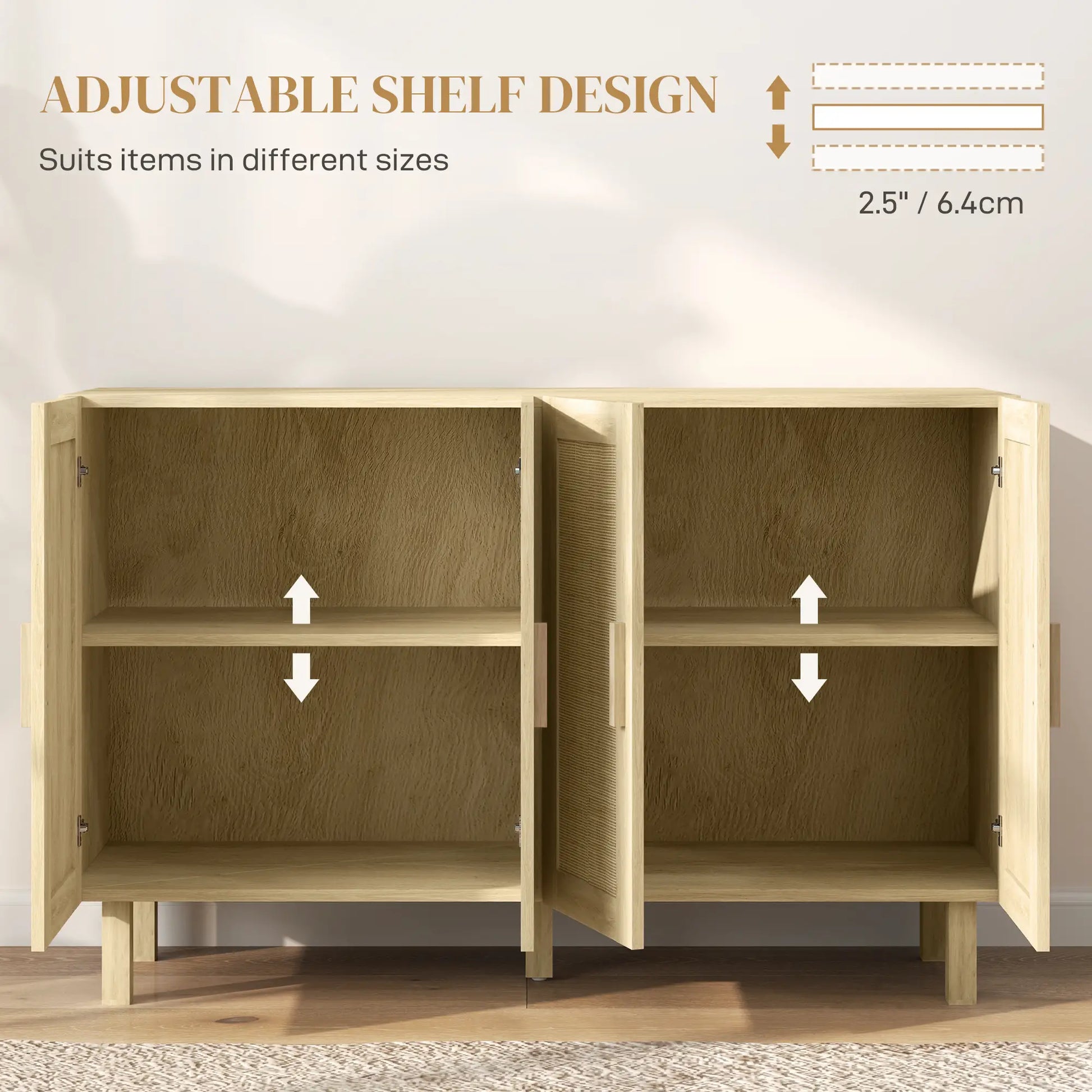 Boho Sideboard Cabinet, 4 Rattan Doors, Adjustable Shelves, Natural Storage Cabinets at Gallery Canada