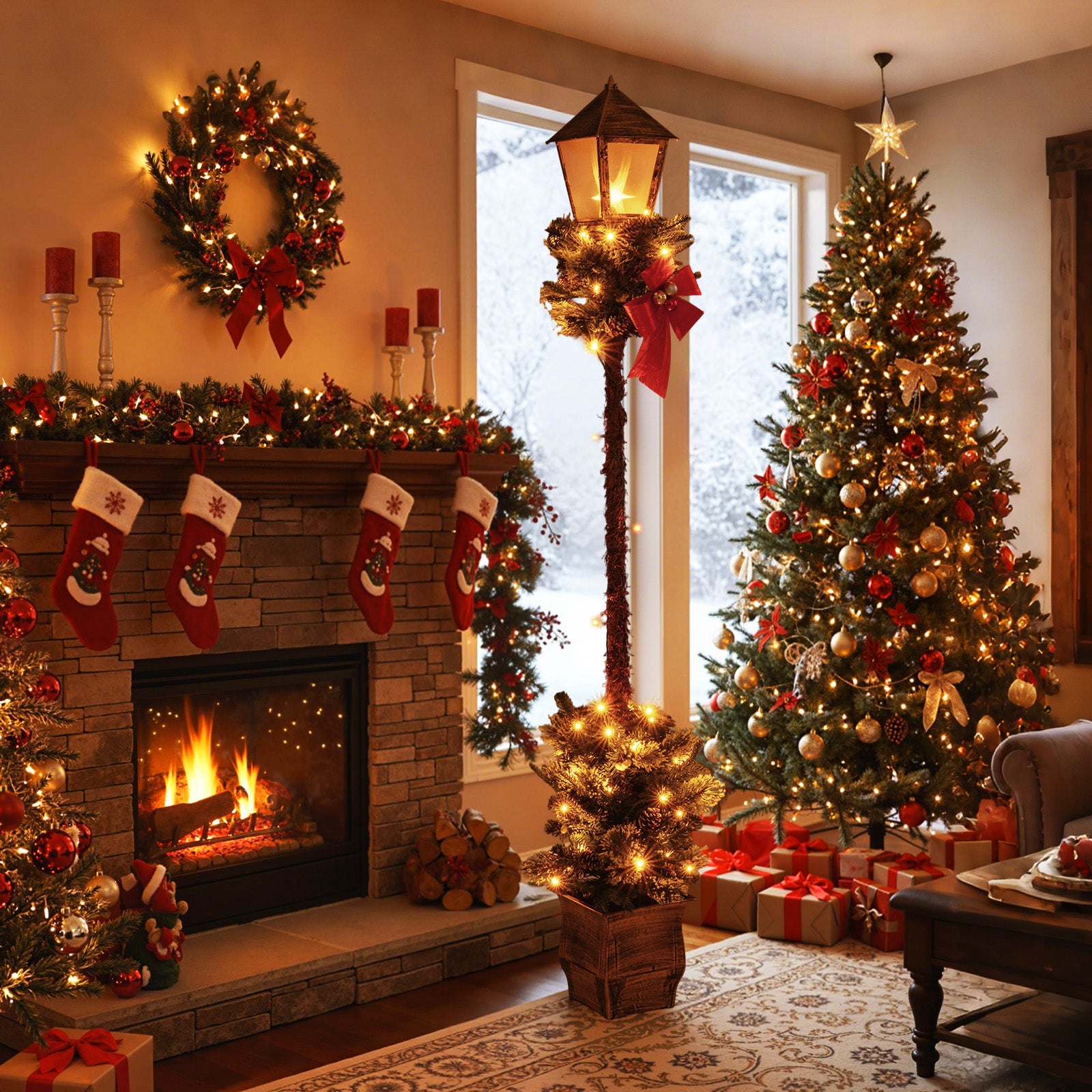6.1 Feet Christmas Pre-lit Street Lamp with Artificial Greenery and Snow-flocked Branch Tips Christmas Decor & Accessories at Gallery Canada