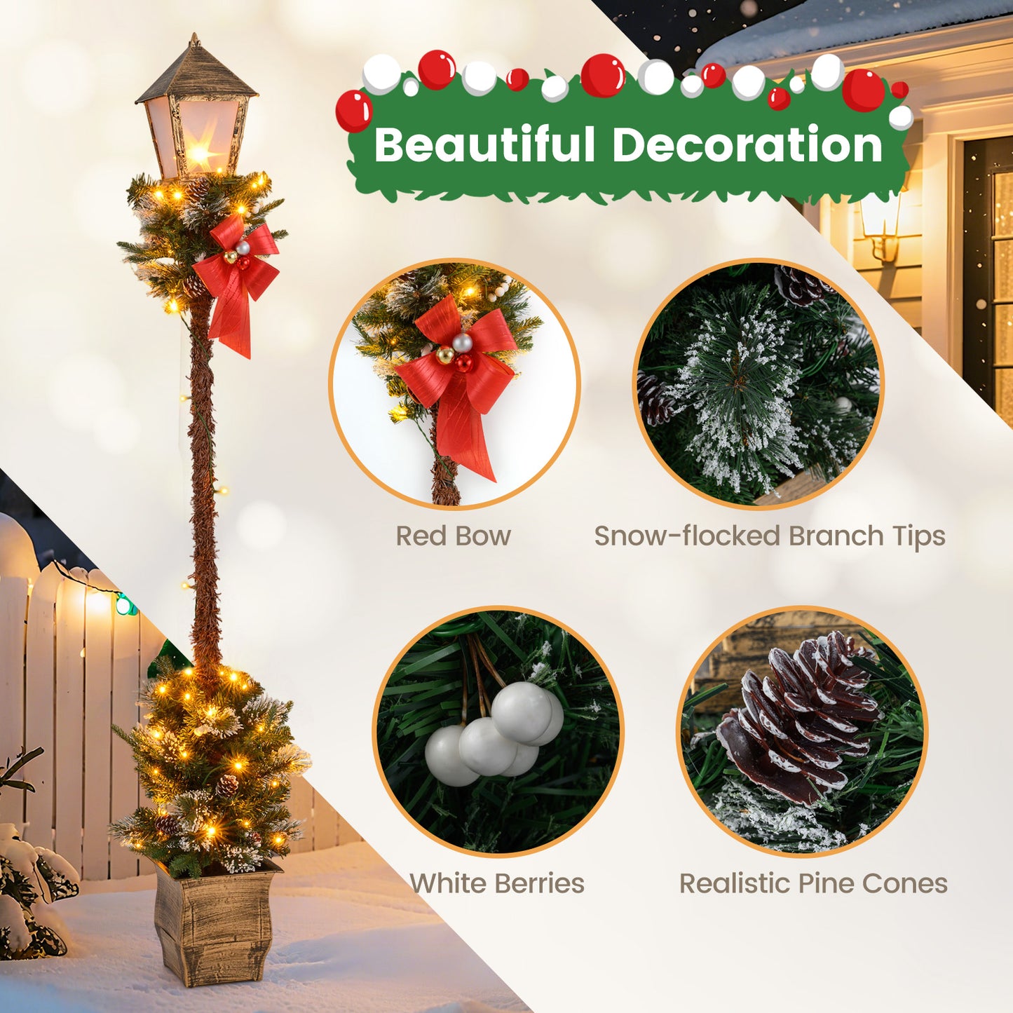 6.1 Feet Christmas Pre-lit Street Lamp with Artificial Greenery and Snow-flocked Branch Tips Christmas Decor & Accessories at Gallery Canada