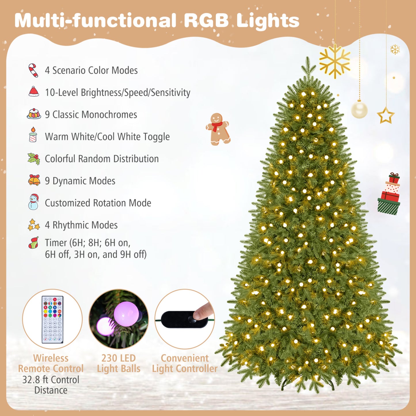 6.3 FT Smart Christmas Tree, 230 Pre-Lit RGB LED Lights, M, Green