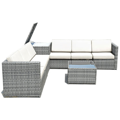 8 Piece Wicker Sofa Rattan Dinning Set Patio Furniture with Storage Table, White Outdoor Sectionals at Gallery Canada