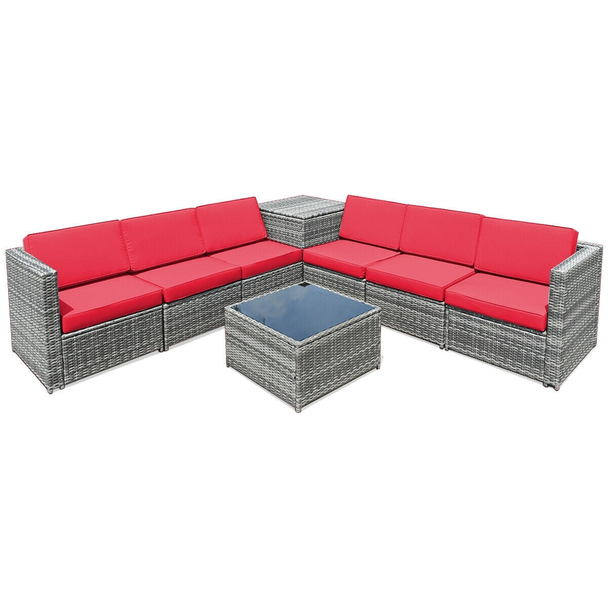 8 Piece Wicker Rattan Sofa Dining Set, Patio Furniture With Storage Table, Red Outdoor Sectionals at Gallery Canada