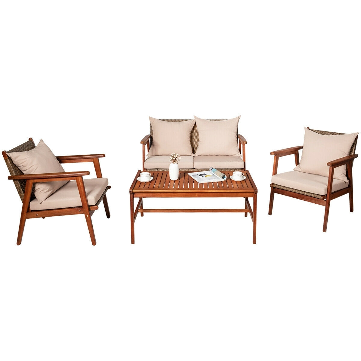 4 Pieces Acacia Wood Patio Rattan Furniture Set, Brown Patio Conversation Sets at Gallery Canada