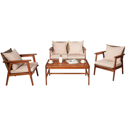4 Pieces Acacia Wood Patio Rattan Furniture Set, Brown Patio Conversation Sets at Gallery Canada