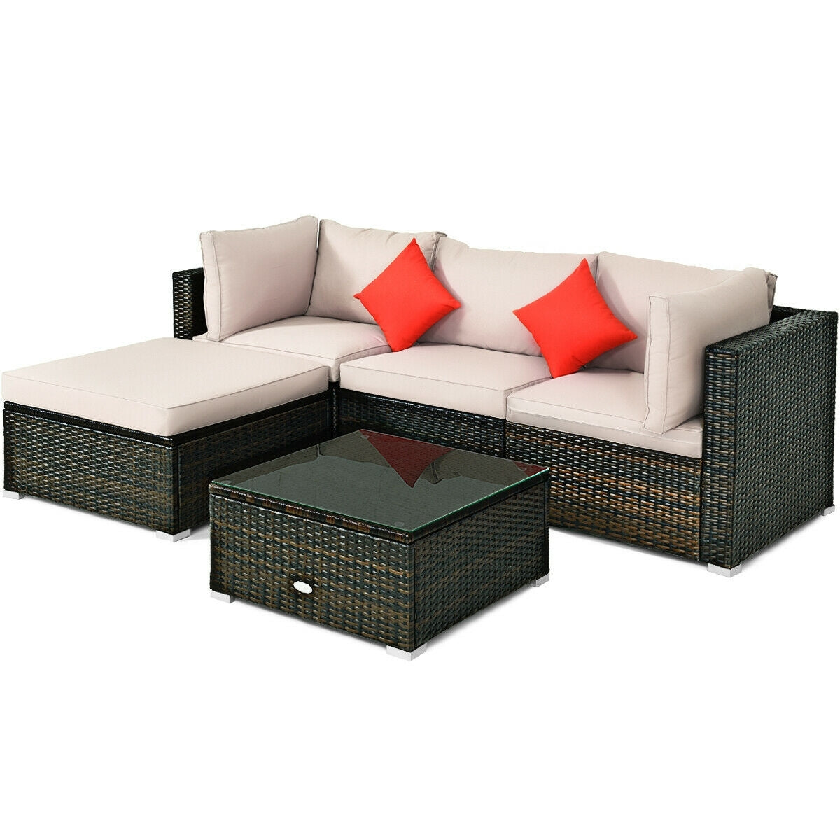 5 Piece Patio Rattan Furniture Set, Sectional Conversation With Cushions, Beige Outdoor Sectionals at Gallery Canada