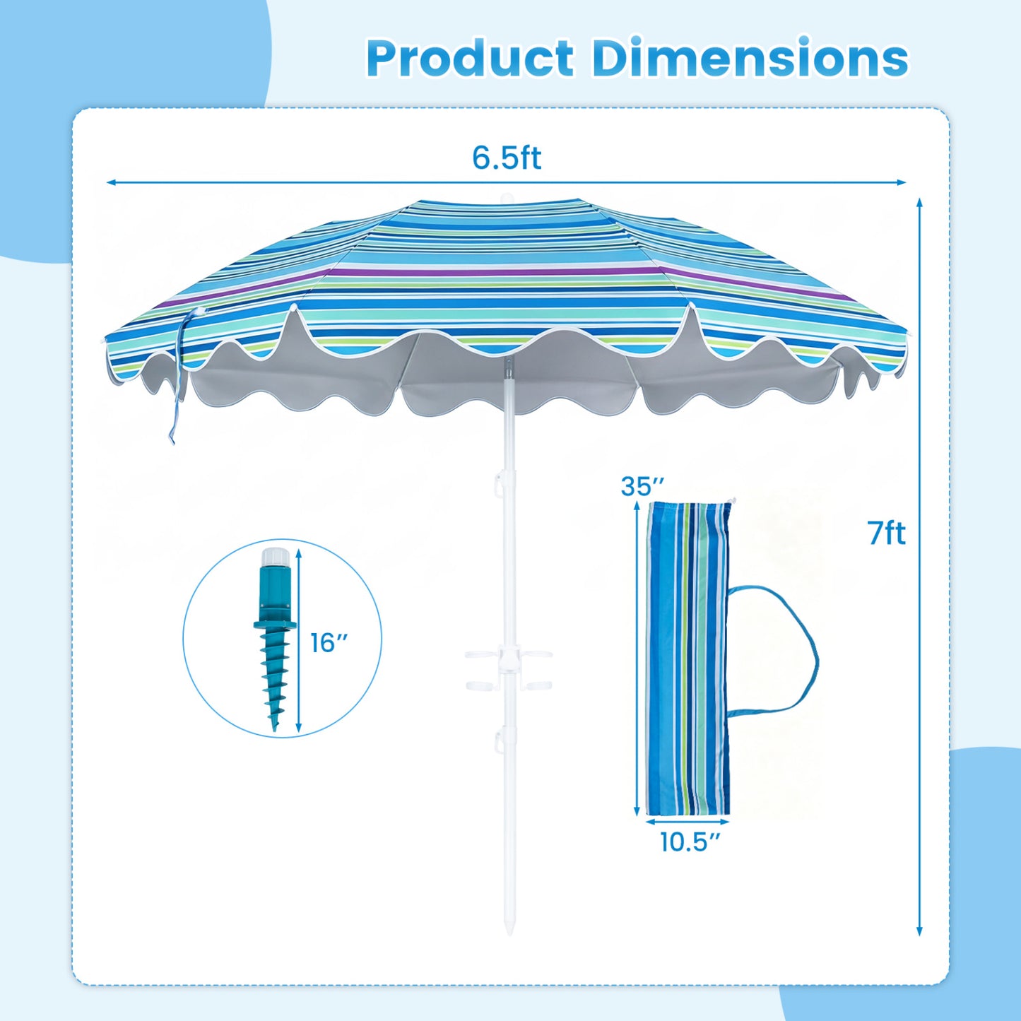 Beach Umbrella UPF 50+, 6.5 FT with Sand Anchor, Blue