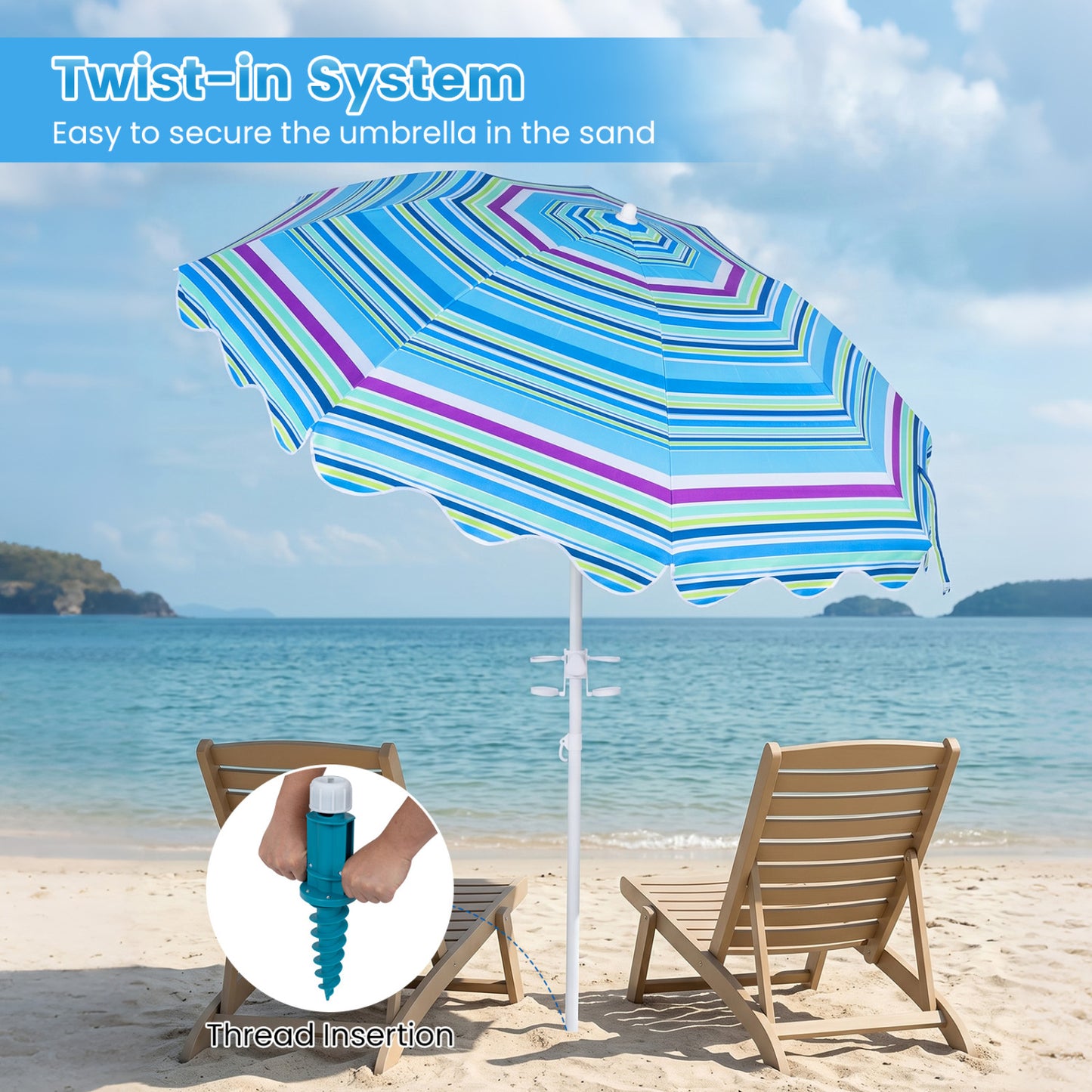Beach Umbrella UPF 50+, 6.5 FT with Sand Anchor, Blue