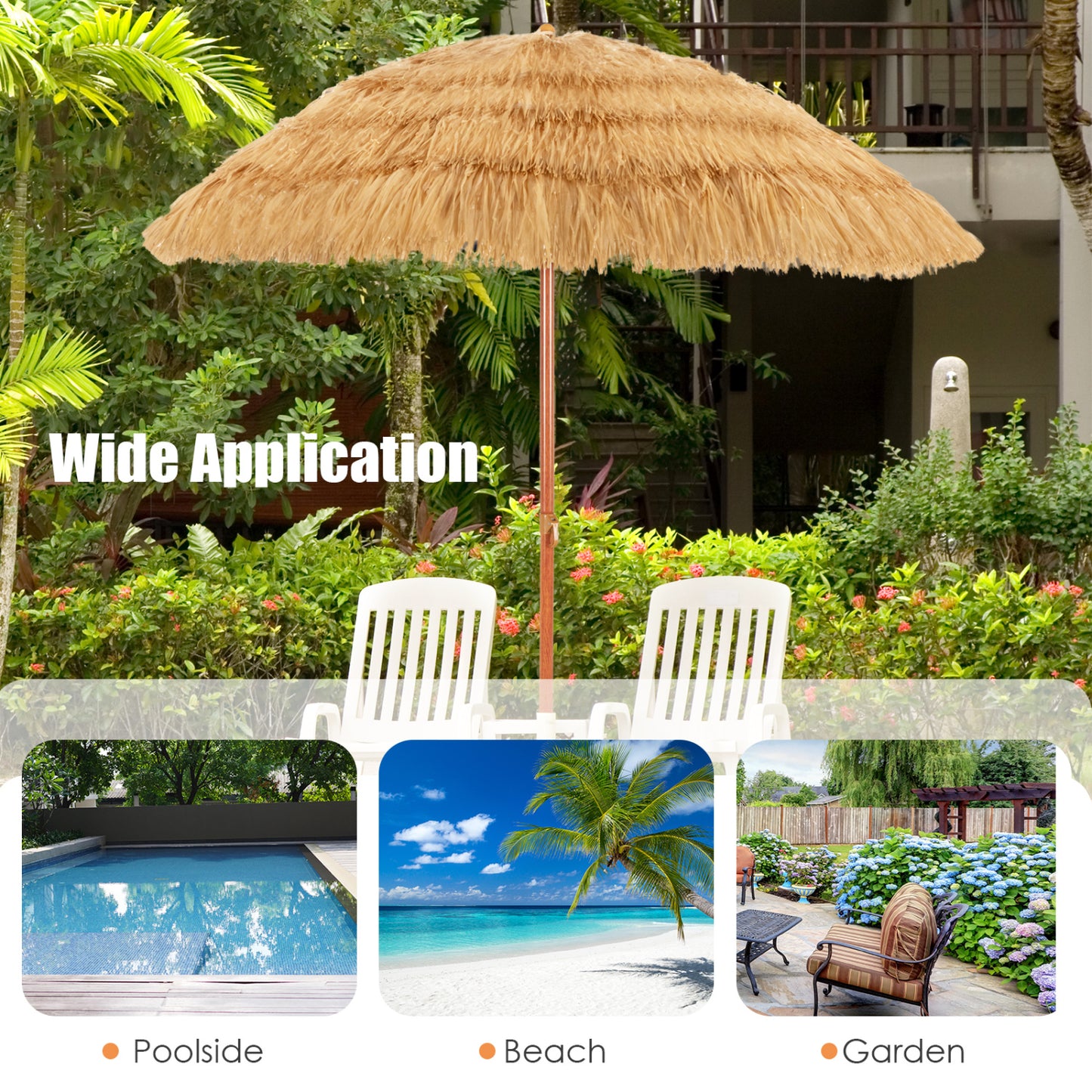 6.5 Feet Portable Thatched Tiki Beach Umbrella with Adjustable Tilt for Backyard