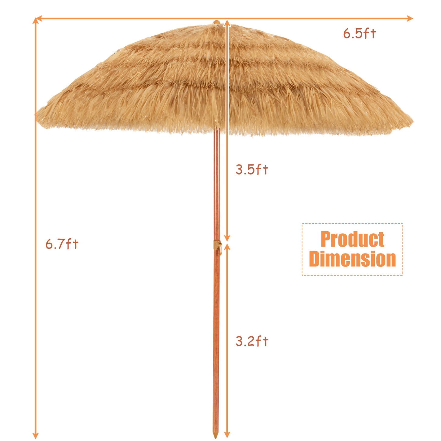 6.5 Feet Portable Thatched Tiki Beach Umbrella with Adjustable Tilt for Backyard