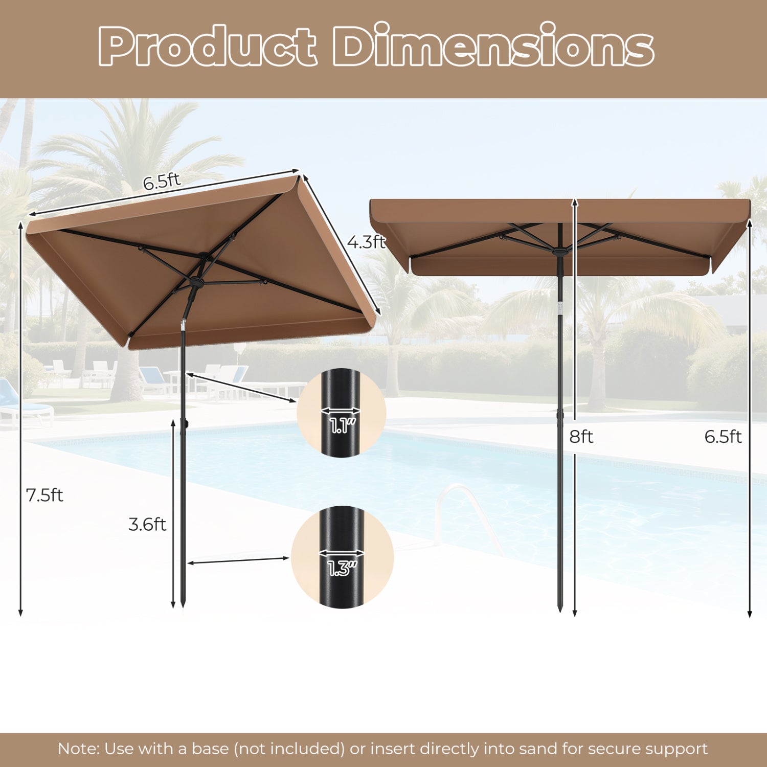 6.5 x 4.3 FT Rectangular Outdoor Balcony Umbrella, Tilt Adjust, Brown Outdoor Umbrellas at Gallery Canada