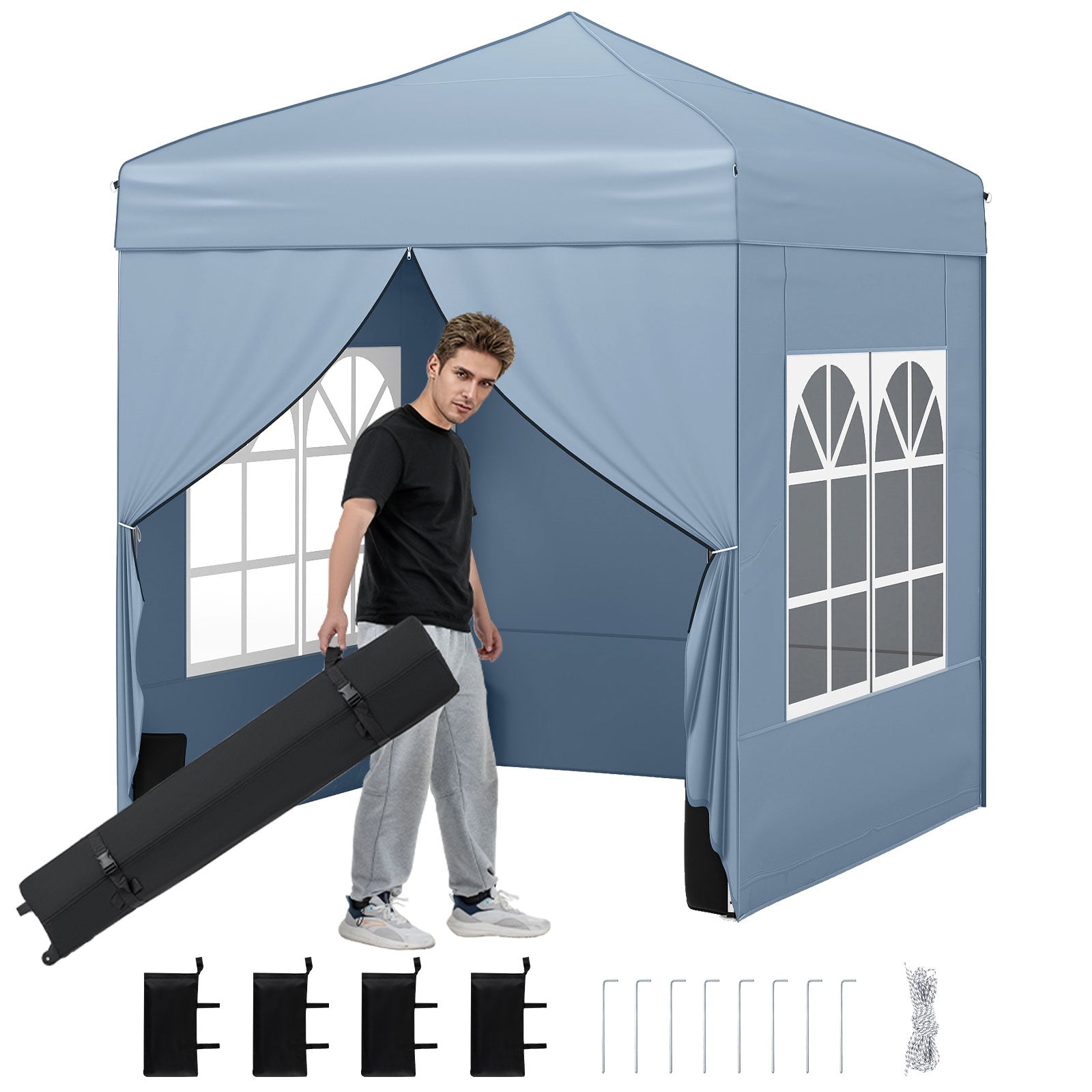 6.5 x 6.5 FT Pop up Canopy Tent with 4 Sidewalls and Wheeled Bag-Grey, Gray Canopies at Gallery Canada