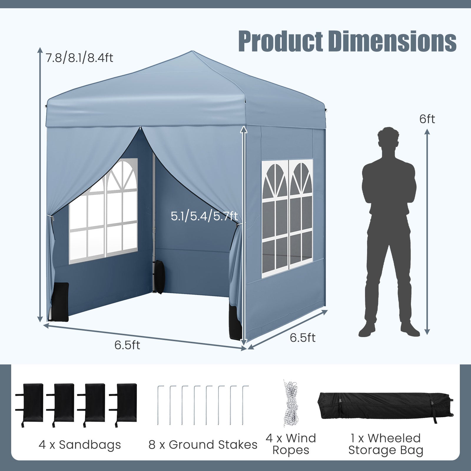 6.5 x 6.5 FT Pop up Canopy Tent with 4 Sidewalls and Wheeled Bag-Grey, Gray Canopies at Gallery Canada