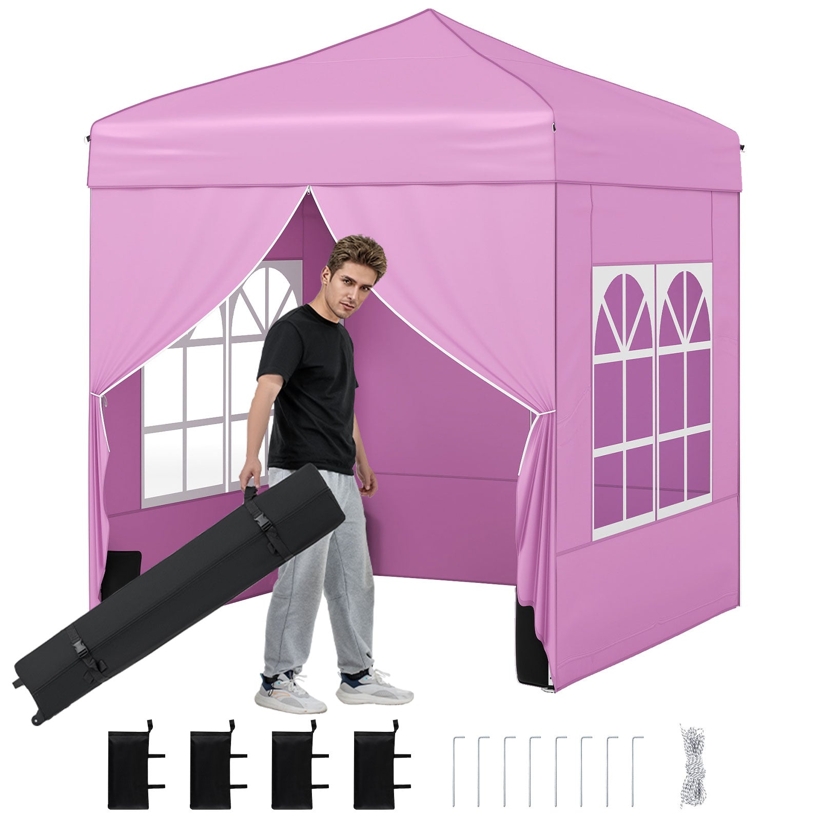 6.5 x 6.5 FT Pop up Canopy Tent with 4 Sidewalls and Wheeled Bag, Pink Canopies Pink at Gallery Canada