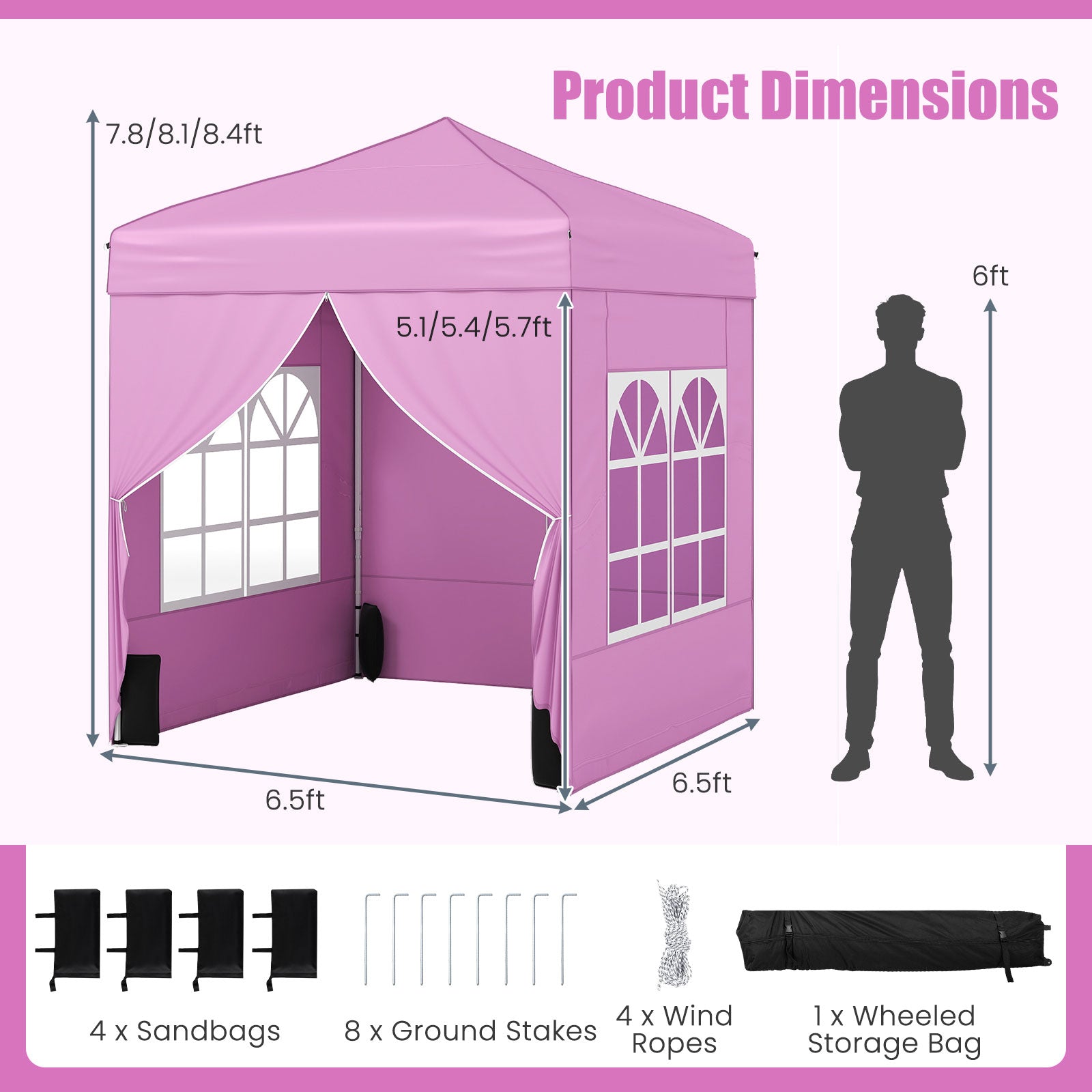 6.5 x 6.5 FT Pop up Canopy Tent with 4 Sidewalls and Wheeled Bag, Pink Canopies at Gallery Canada