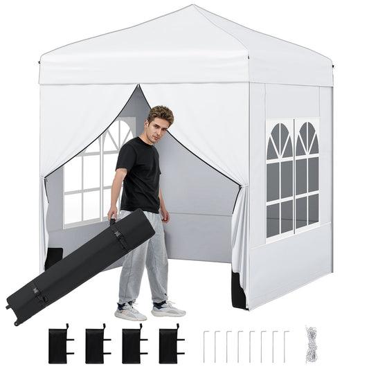 6.5 x 6.5 FT Pop up Canopy Tent with 4 Sidewalls and Wheeled Bag-white, White