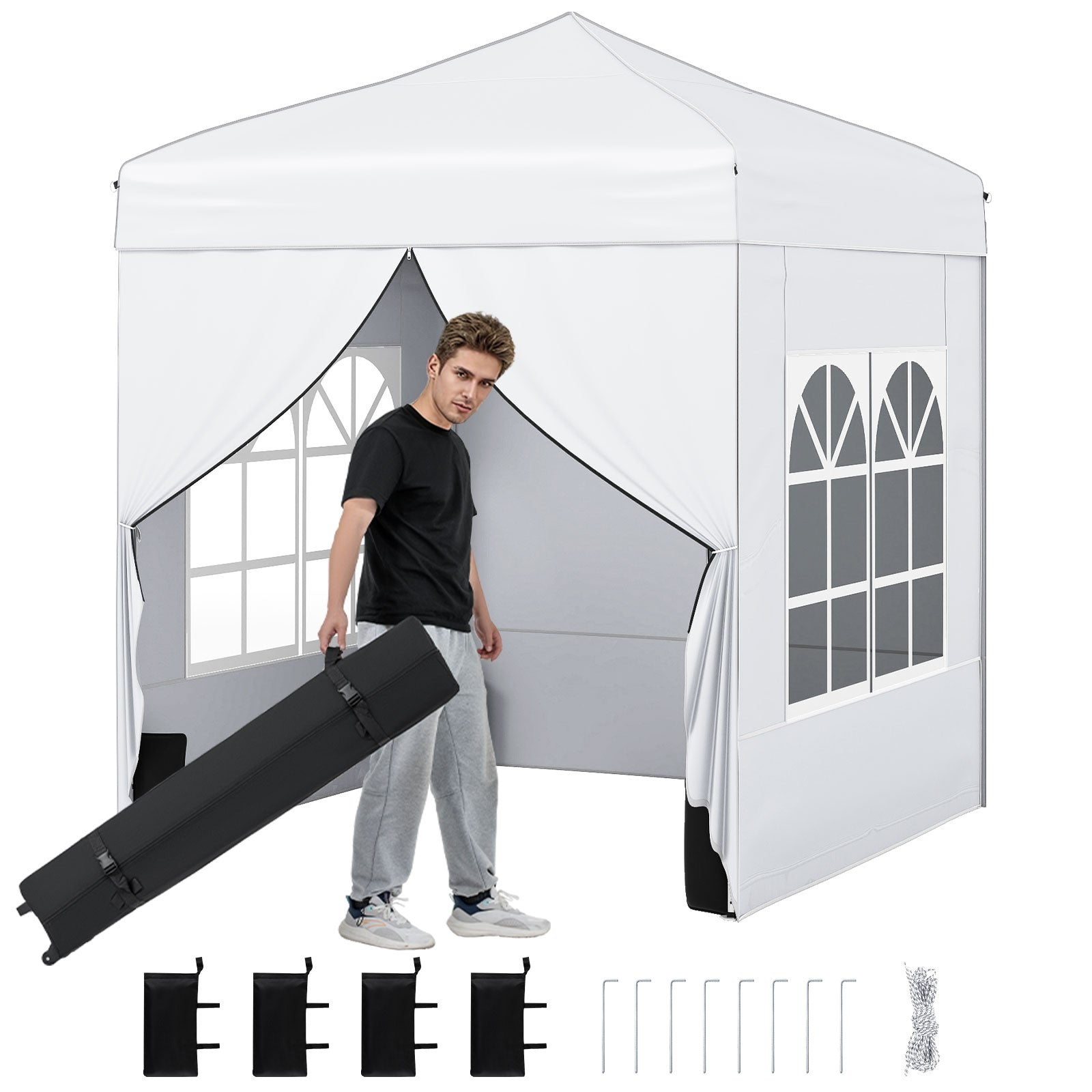 6.5 x 6.5 FT Pop up Canopy Tent with 4 Sidewalls and Wheeled Bag-white, White Canopies at Gallery Canada