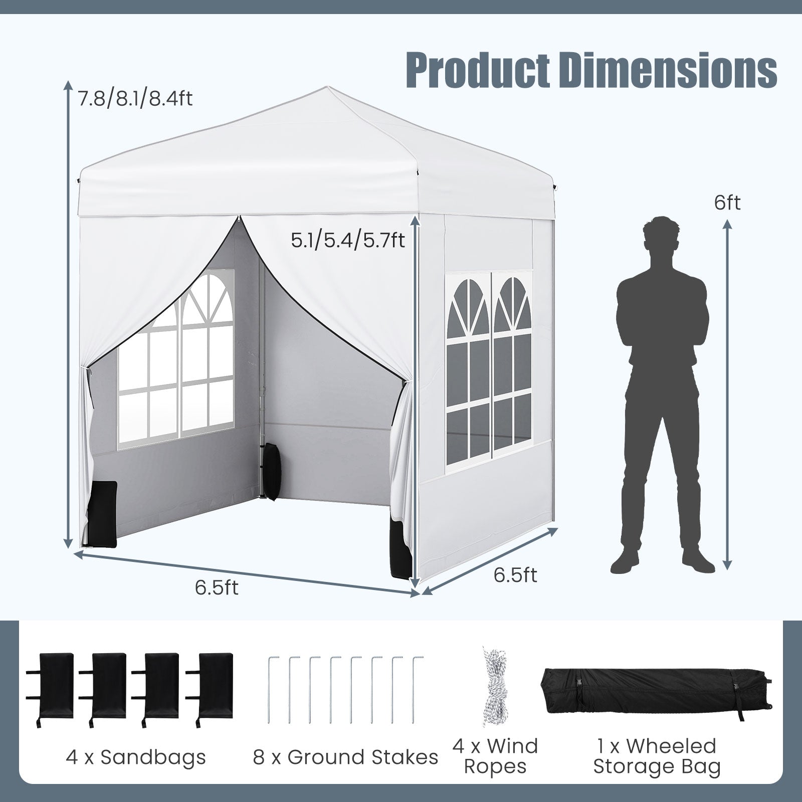 6.5 x 6.5 FT Pop up Canopy Tent with 4 Sidewalls and Wheeled Bag-white, White Canopies at Gallery Canada