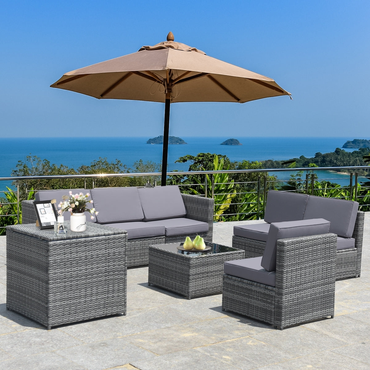 8 Pieces Wicker Rattan Dining Set, With Storage Table, Gray Outdoor Sectionals at Gallery Canada
