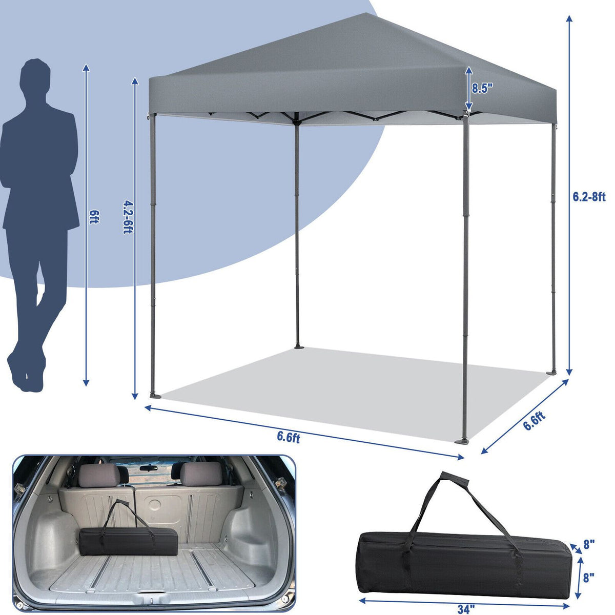 Tente parapluie extérieure pliable de 6,6 x 6,6 pieds, UPF 50+, gris