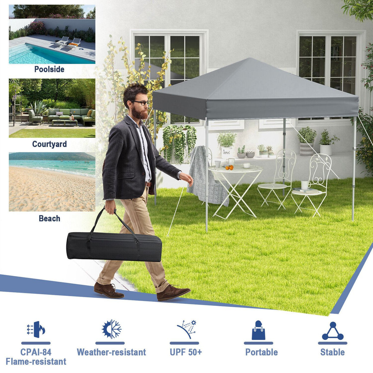 Tente parapluie extérieure pliable de 6,6 x 6,6 pieds, UPF 50+, gris