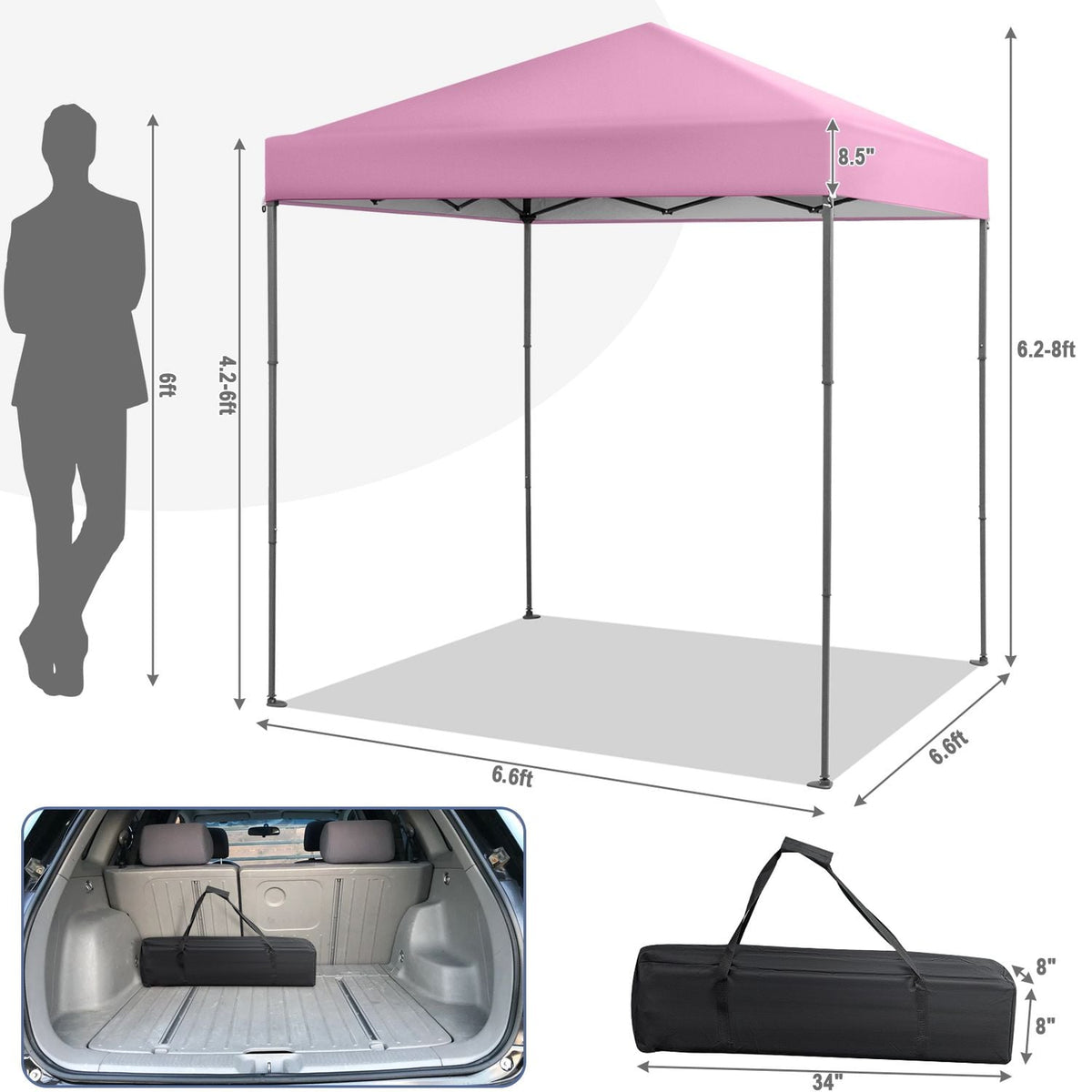 Tente pliante de 6,6 x 6,6 pieds, UPF 50+, rose