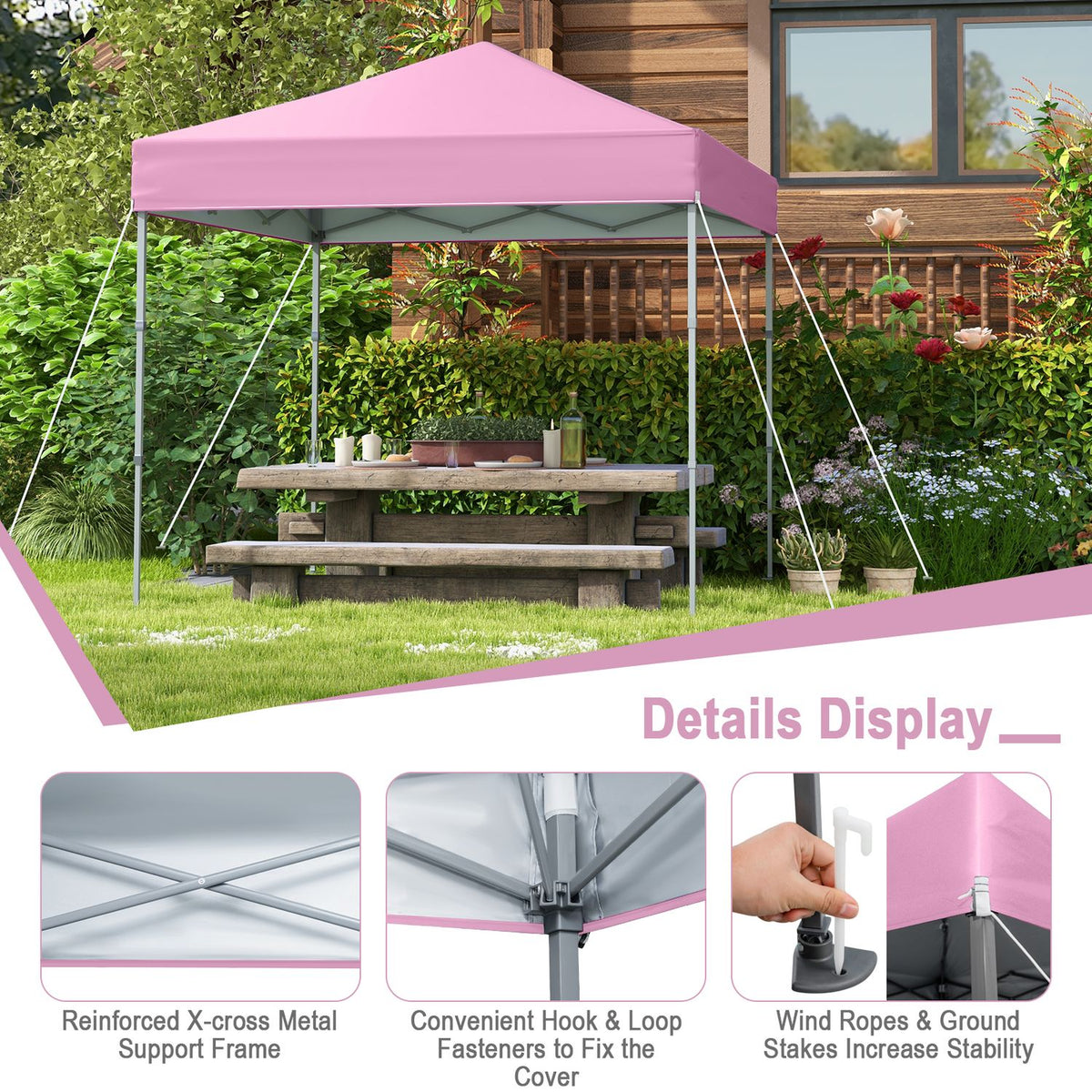 Tente pliante de 6,6 x 6,6 pieds, UPF 50+, rose