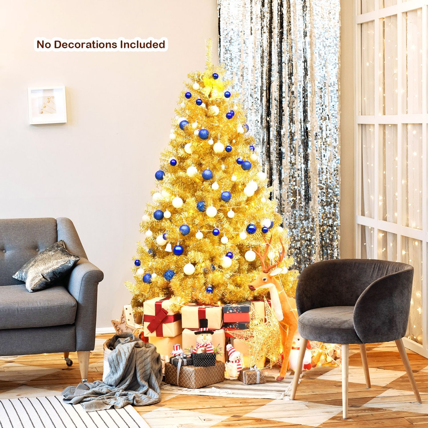 6 ft Artificial Tinsel Christmas Tree, Hinged, Foldable Stand, Gold Christmas Tree at Gallery Canada