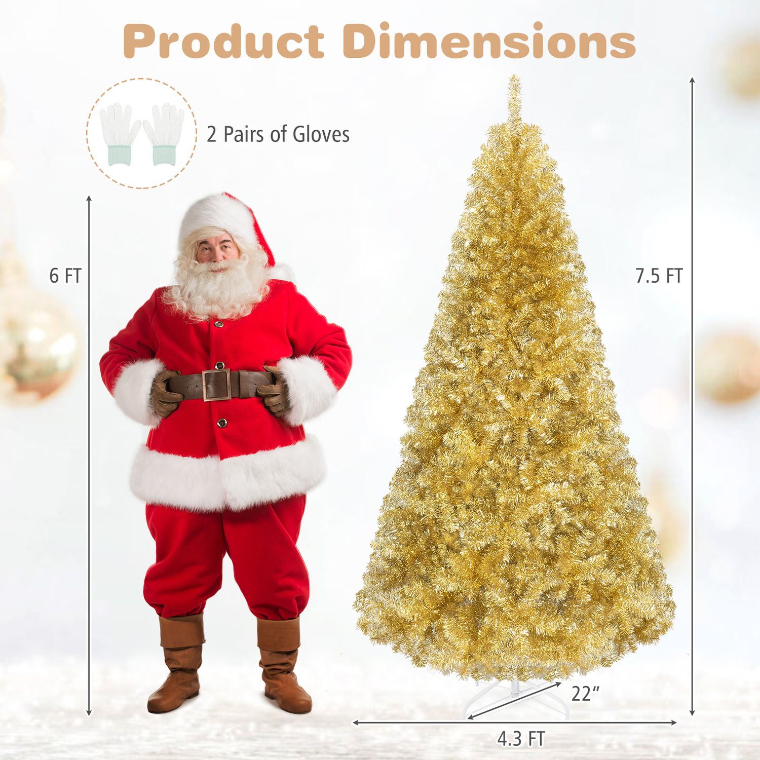 7.5 ft Artificial Tinsel Christmas Tree, Foldable Stand, Gold Christmas Tree at Gallery Canada