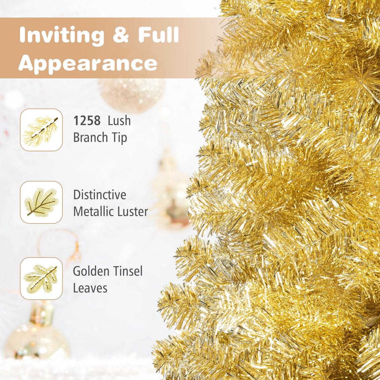 7.5 ft Artificial Tinsel Christmas Tree, Foldable Stand, Gold Christmas Tree at Gallery Canada