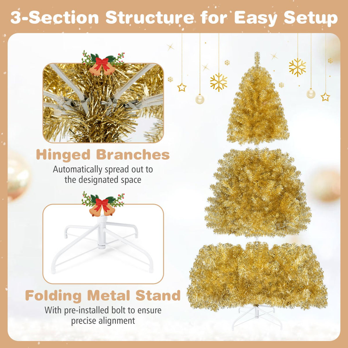 7.5 ft Artificial Tinsel Christmas Tree, Foldable Stand, Gold Christmas Tree at Gallery Canada