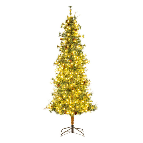 6/7/8 Feet Artificial Christmas Tree Pre-lit Hinged Xmas Tree with Warm White LED Lights and Pine Cones-8ft, Green